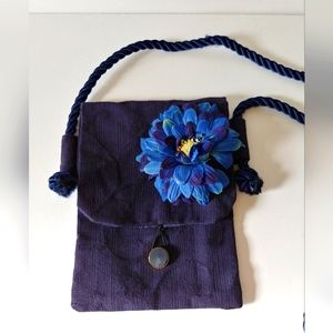 Small Blue Shoulder Bag Pouch with Blue Flower Cord Strap
